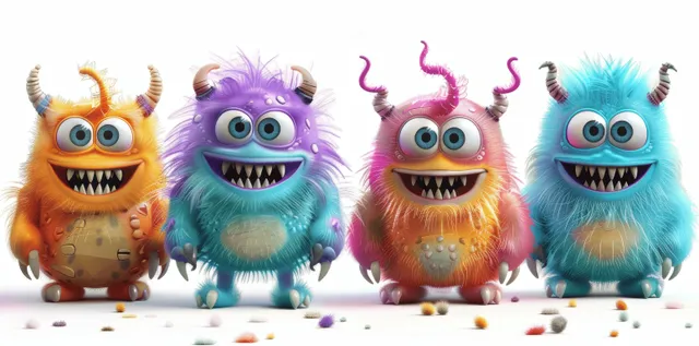 Cute 3D cartoon monsters standing together on white background with fluffy fur