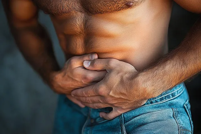 Muscular man clutching lower abdomen in pain, bare torso and blue jeans, close-up