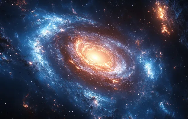 Spiral galaxy and glowing black hole core casting cosmic light through starfield