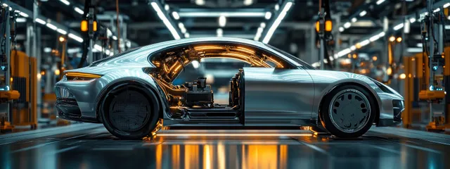 Cutaway silver futuristic car on an automated assembly line with visible interior mechanics and orange lighting.