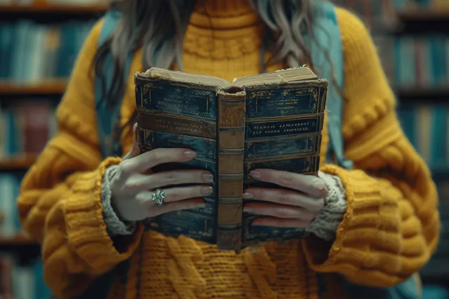 Person in a yellow sweater holding an open Bible with blurred library books in the background.