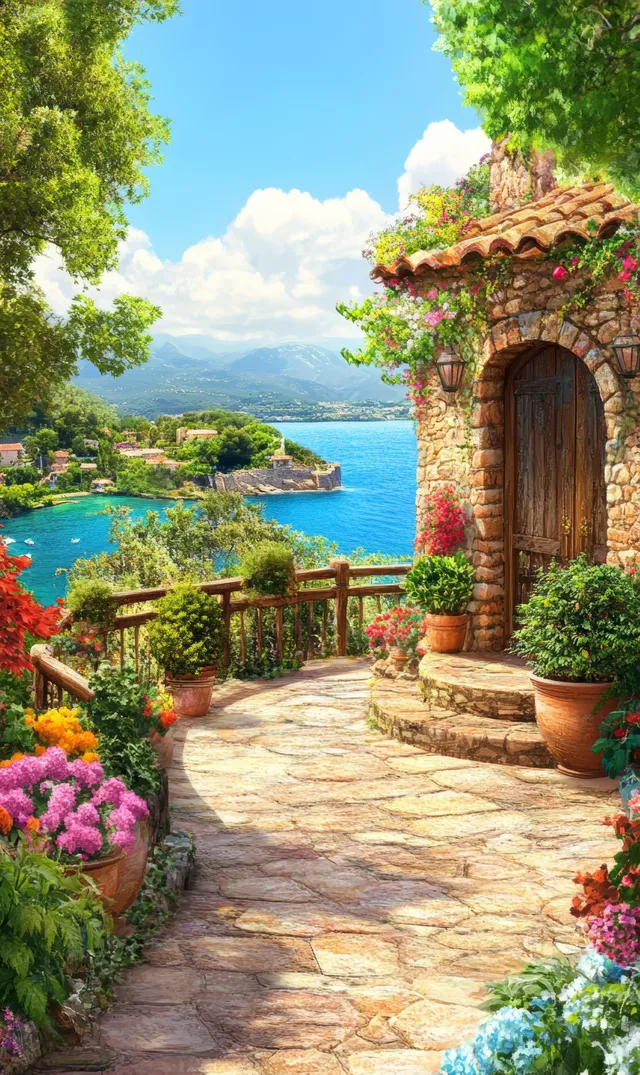 Stone courtyard with arched door, colorful flowers, and turquoise sea under a bright sky