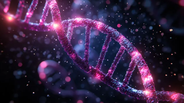 A glowing purple and pink DNA double helix twists through a dark, particle-filled background.