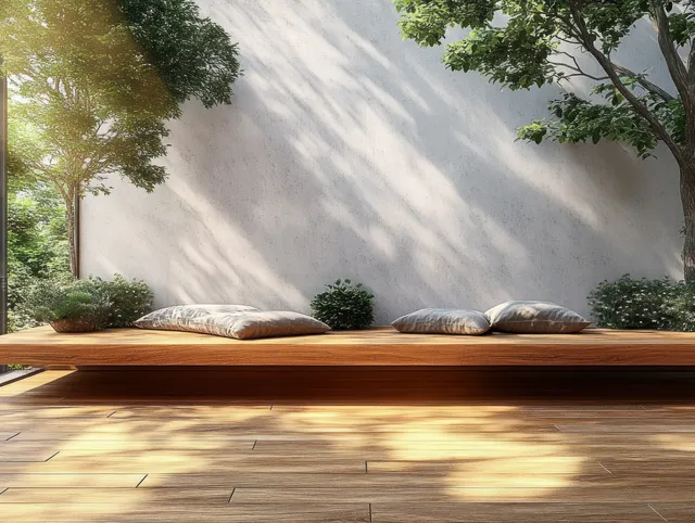 Wooden bench with soft cushions on a terrace, surrounded by concrete walls and leafy trees in warm sunlight.