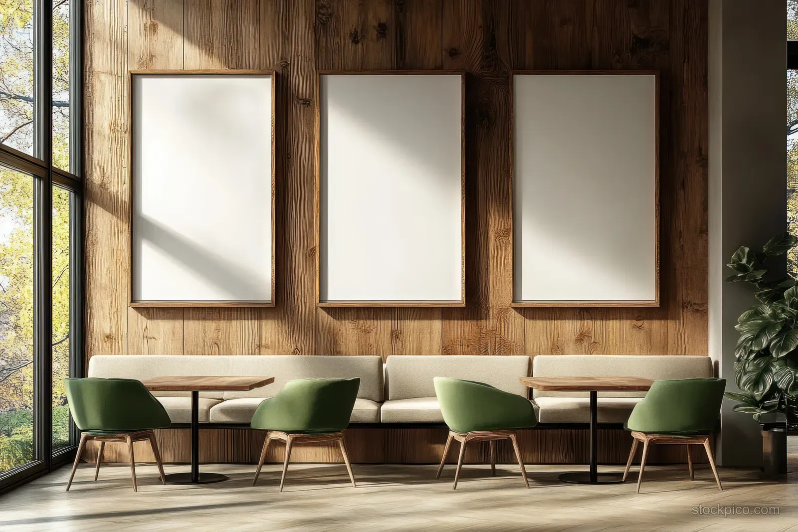 Green cushioned chairs line a wooden wall beneath three framed panels in a minimalist cafe interior.