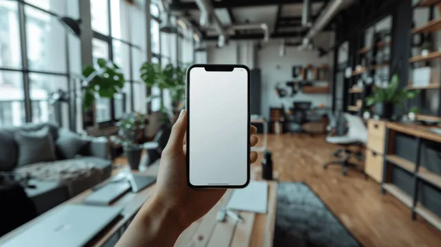 Hand holding a smartphone with blank screen in a cozy loft office by large windows
