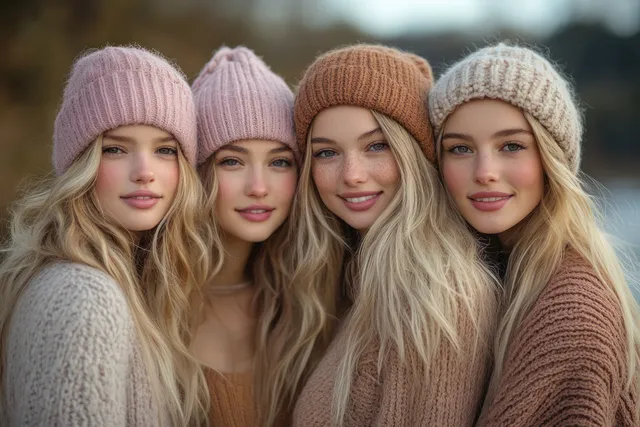 Friends in pastel sweaters sit by autumn water, smiling and laughing with soft bokeh behind them.