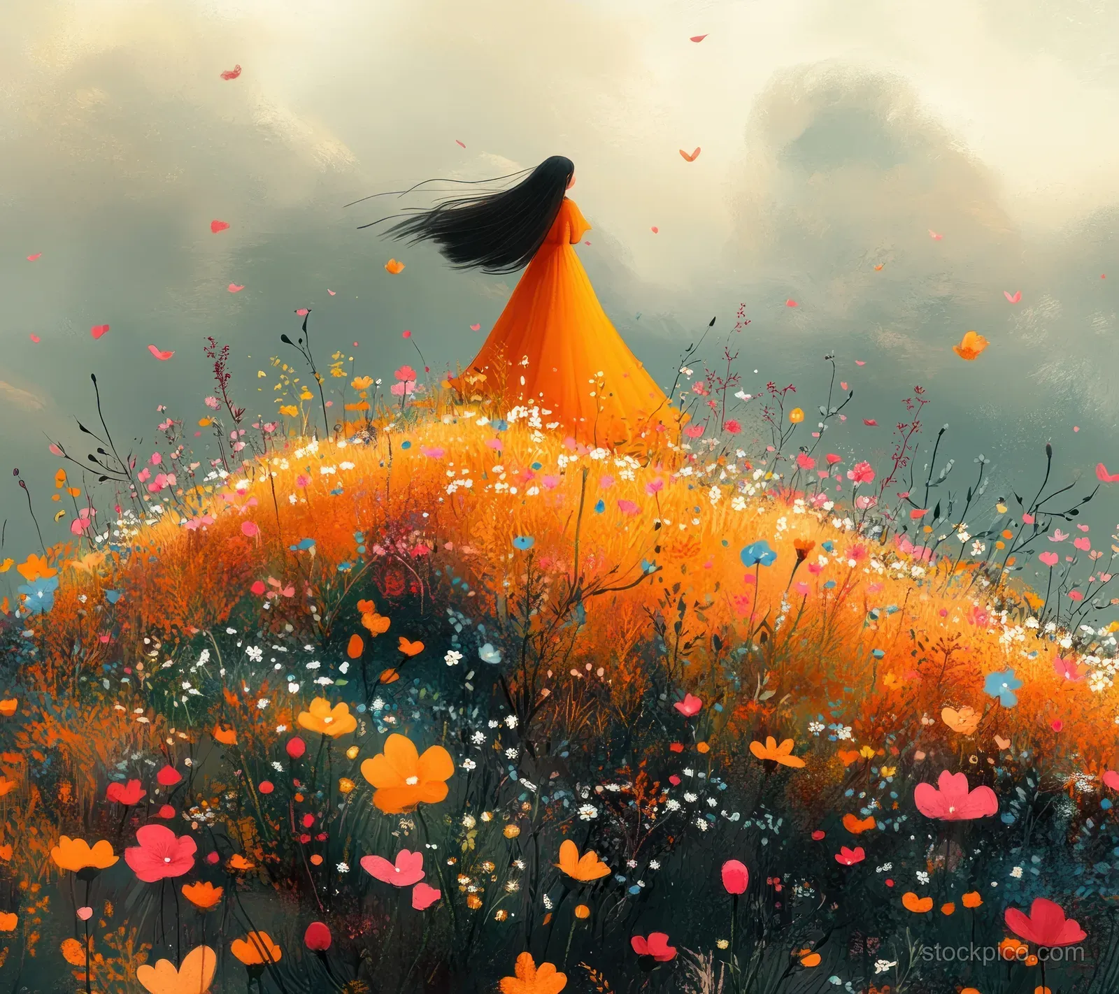 A princess-like silhouette stands on a hill of colorful flowers while butterflies and confetti drift in the sky.