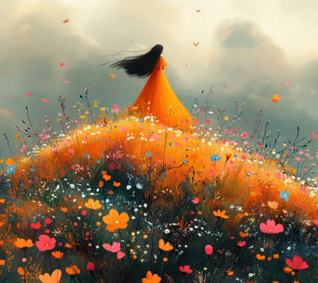 A princess-like silhouette stands on a hill of colorful flowers while butterflies and confetti drift in the sky.