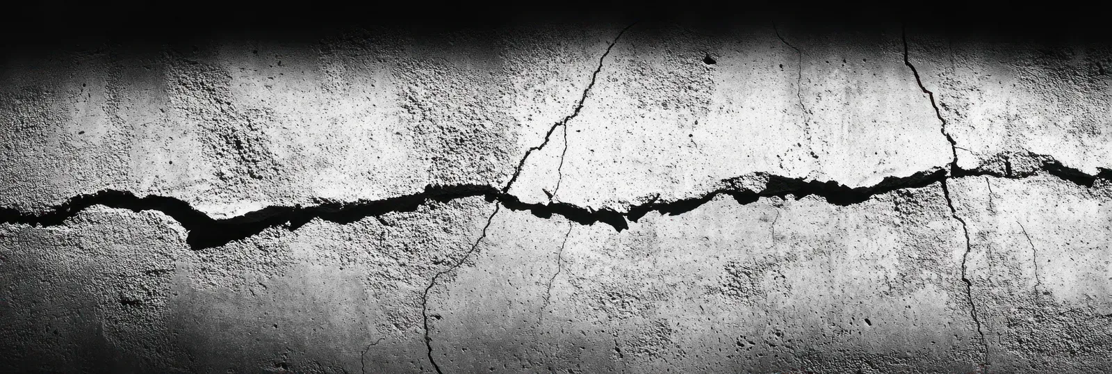 Close-up of a cracked concrete wall with thin fissures across a rough gray surface.