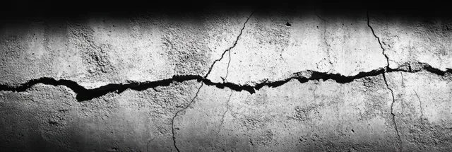 Close-up of cracked concrete wall showing fissures, rough texture, and weathered grime