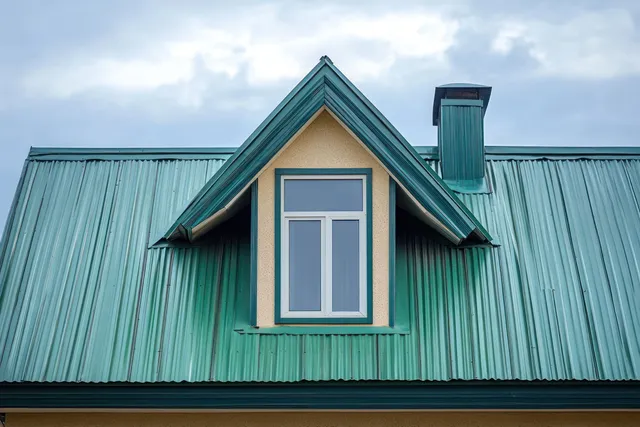 Green metal roof dormer window and chimney protrude from a house exterior under cloudy skies.