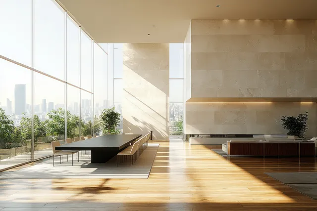 Minimalist dining room with a sleek table and beige chairs, bright natural light, and a city view through large windows.
