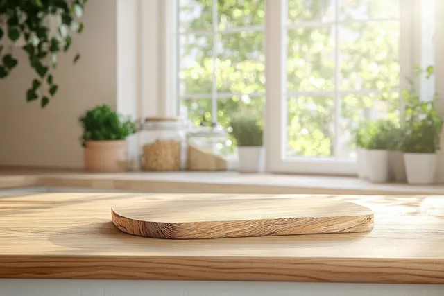 A wooden podium sits on a kitchen countertop under bright window light with soft background blur.