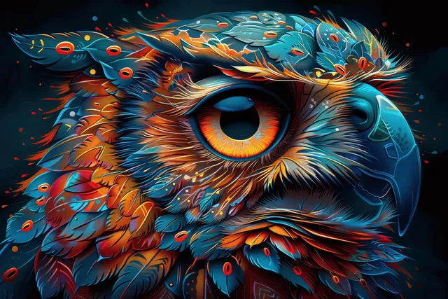 A glowing-eyed owl head surrounded by vivid ornate feather patterns on a black background.