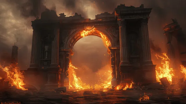 A fiery archway gate burns in a medieval dungeon ruin with glowing flames and smoky stone columns.