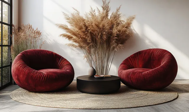 Burgundy velvet lounge chairs facing each other in sunlit modern living room with round side table