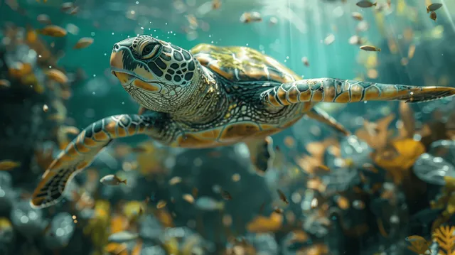 A sea turtle swims underwater surrounded by plastic debris and sunlit particles.