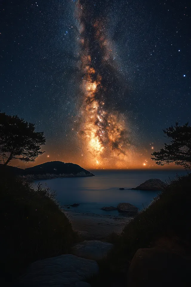 Milky Way galaxy stretches upward above a calm ocean while silhouetted trees frame a dark rocky shoreline.