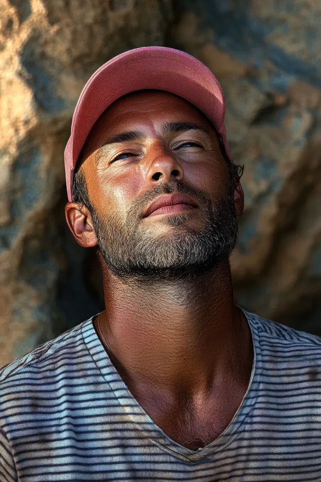 Young African American man relaxing outdoors, basking in sunlight under a pink cap