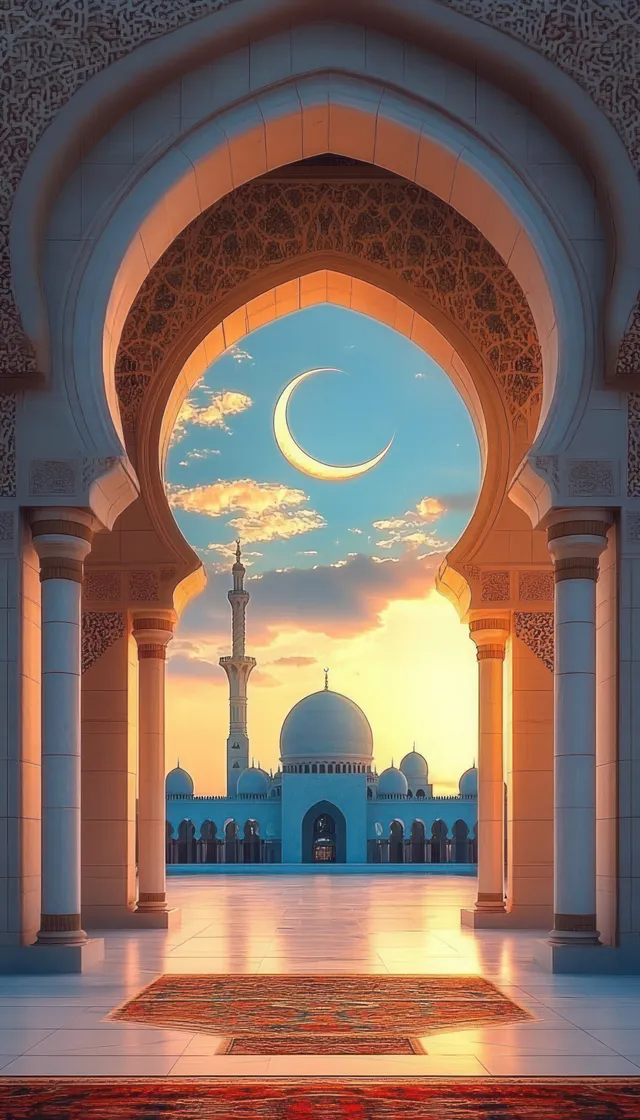 Ornate mosque arches frame a crescent moon while a prayer rug lies on a polished marble floor at sunset.