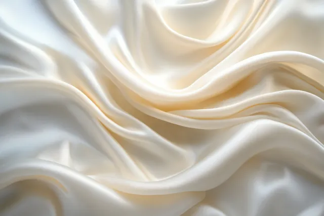 Ivory satin silk fabric waves drape across a soft studio background with glossy highlights