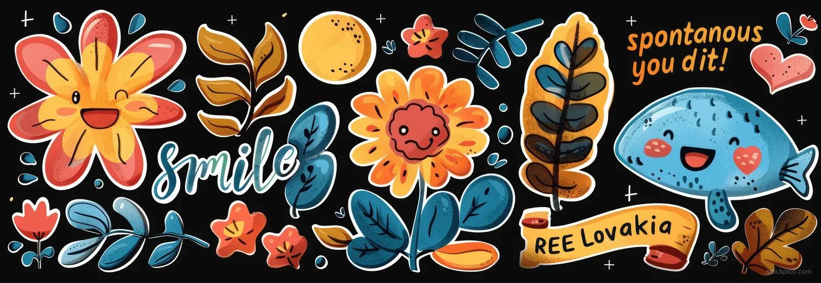 Colorful retro sticker set with smiling flowers, leaves, hearts, and hand-lettered quotes on black.