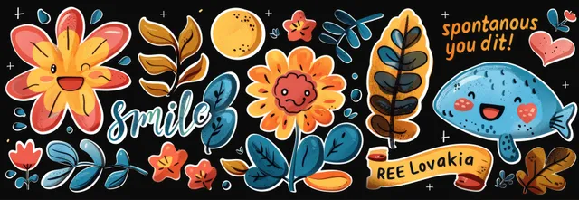 Groovy flower stickers with smiling faces and uplifting retro quotes