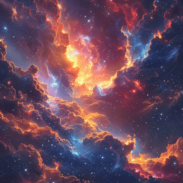 Fiery orange and blue nebula clouds erupt across a star-filled deep space background with faint galaxy wisps.