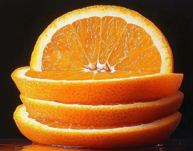 Stacked orange slices with visible juicy segments and textured peel on a dark background.