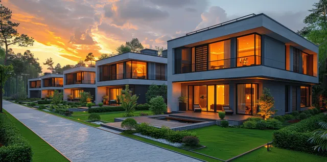 Gray modern townhouses with panoramic windows glow in warm light along a landscaped residential street at dusk.