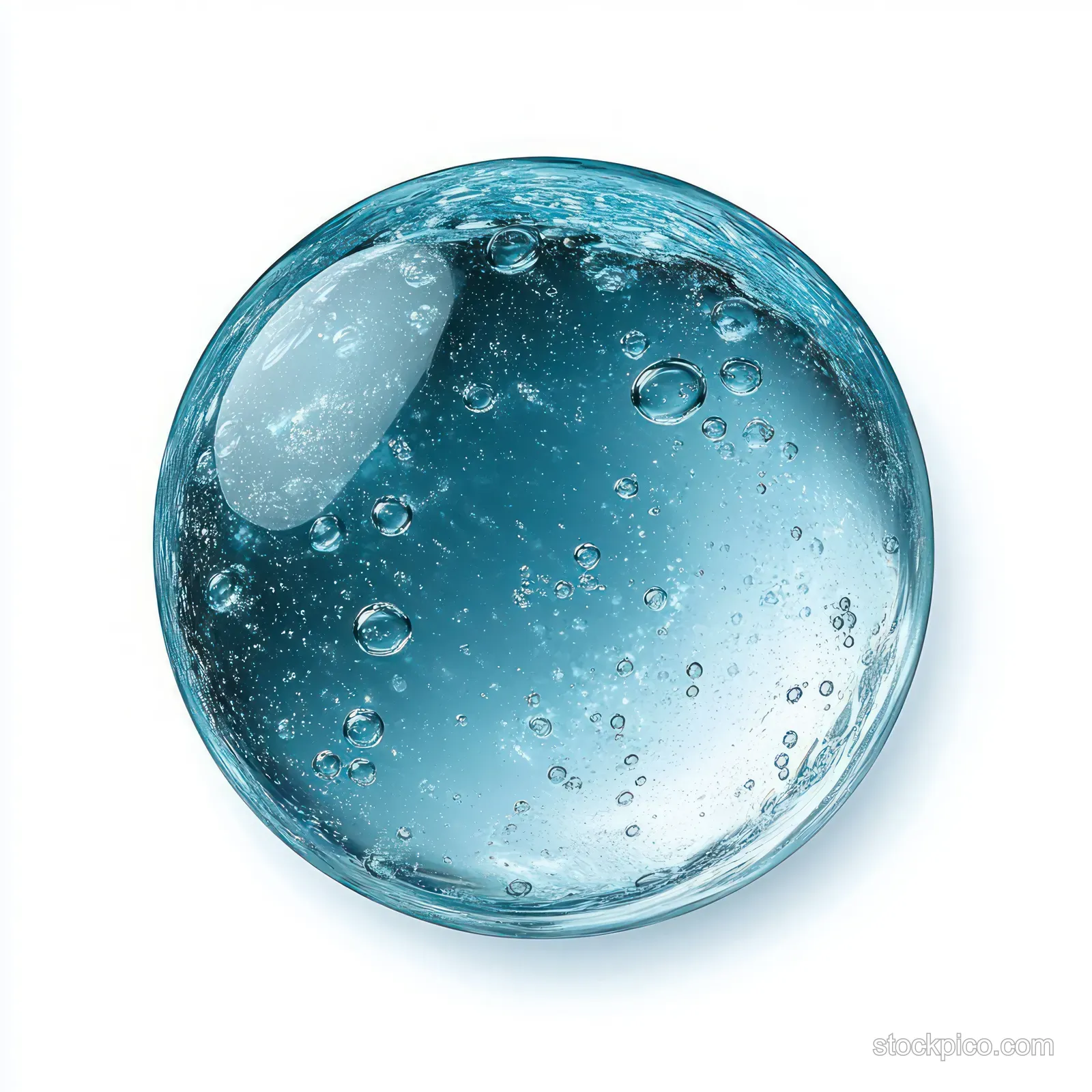 A translucent blue water droplet sphere with small bubbles inside, isolated on a white background.