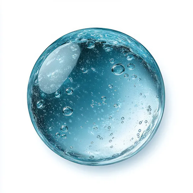 A translucent blue water droplet sphere with small bubbles inside, isolated on a white background.