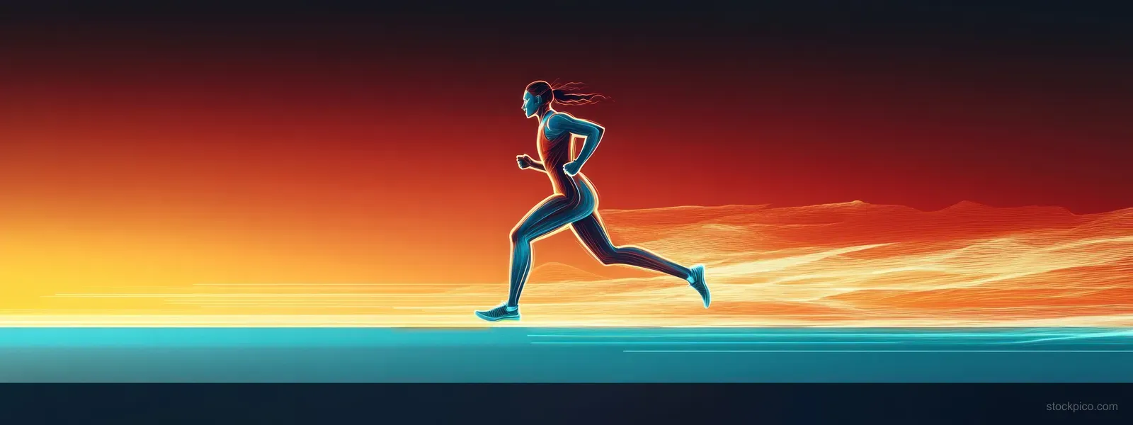 A futuristic runner sprints across a track with motion blur against a blue gradient sunset sky.
