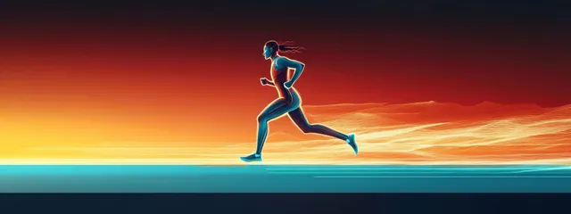A futuristic runner sprints across a track with motion blur against a blue gradient sunset sky.