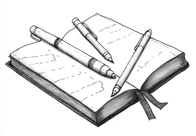 Black and white sketch of an open notebook with three pens on lined pages and a fabric bookmark hanging out.