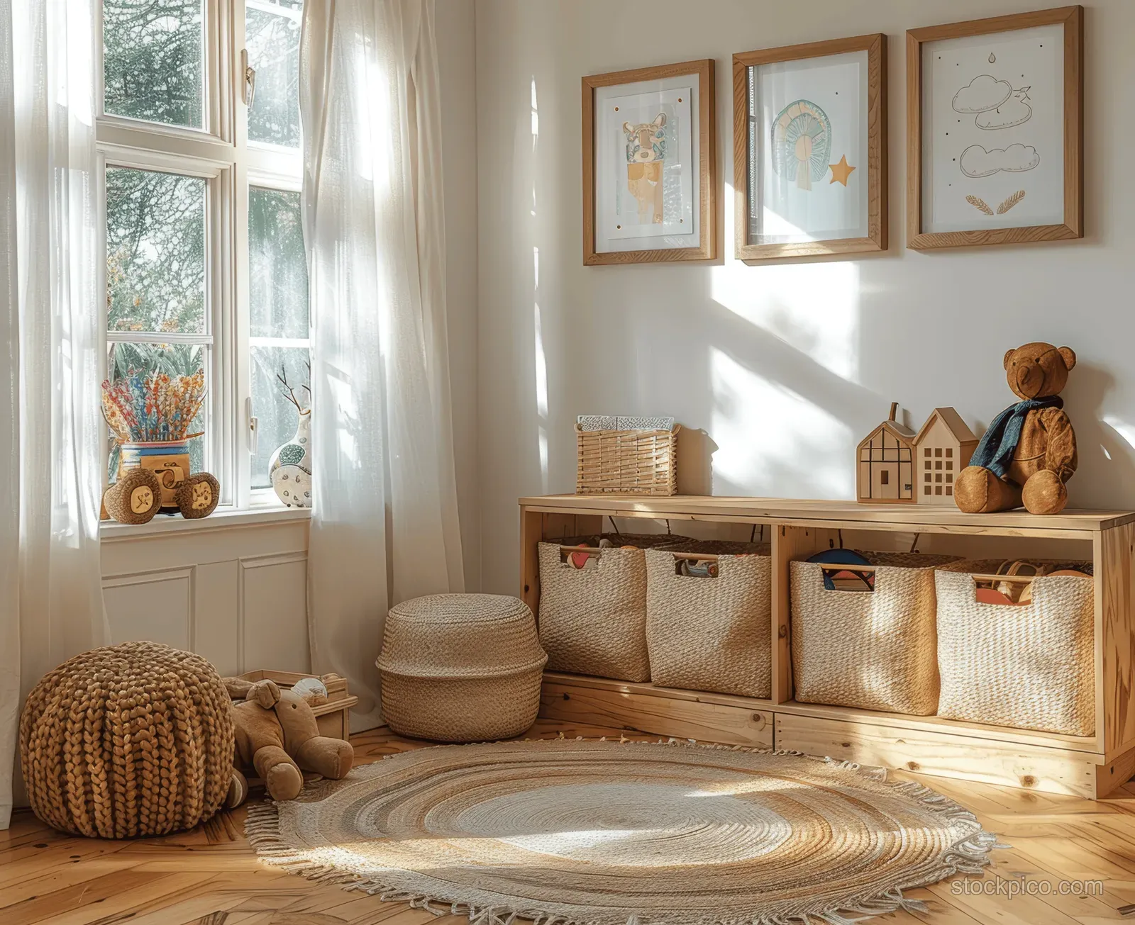 Wooden picture frames hang above a children’s play rug with a toy storage bench and daylight by a window.