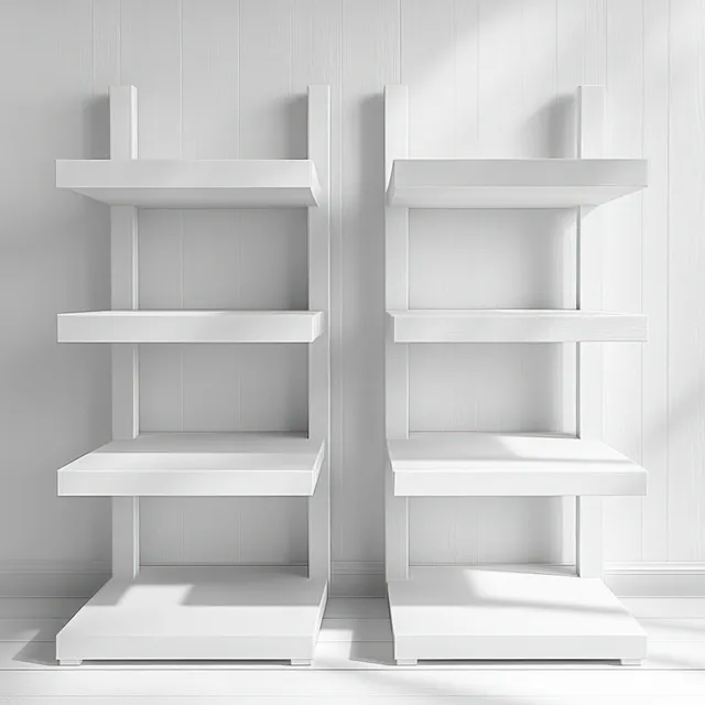 Two empty white three-tier retail display shelves side by side against a white paneled wall with soft shadows.