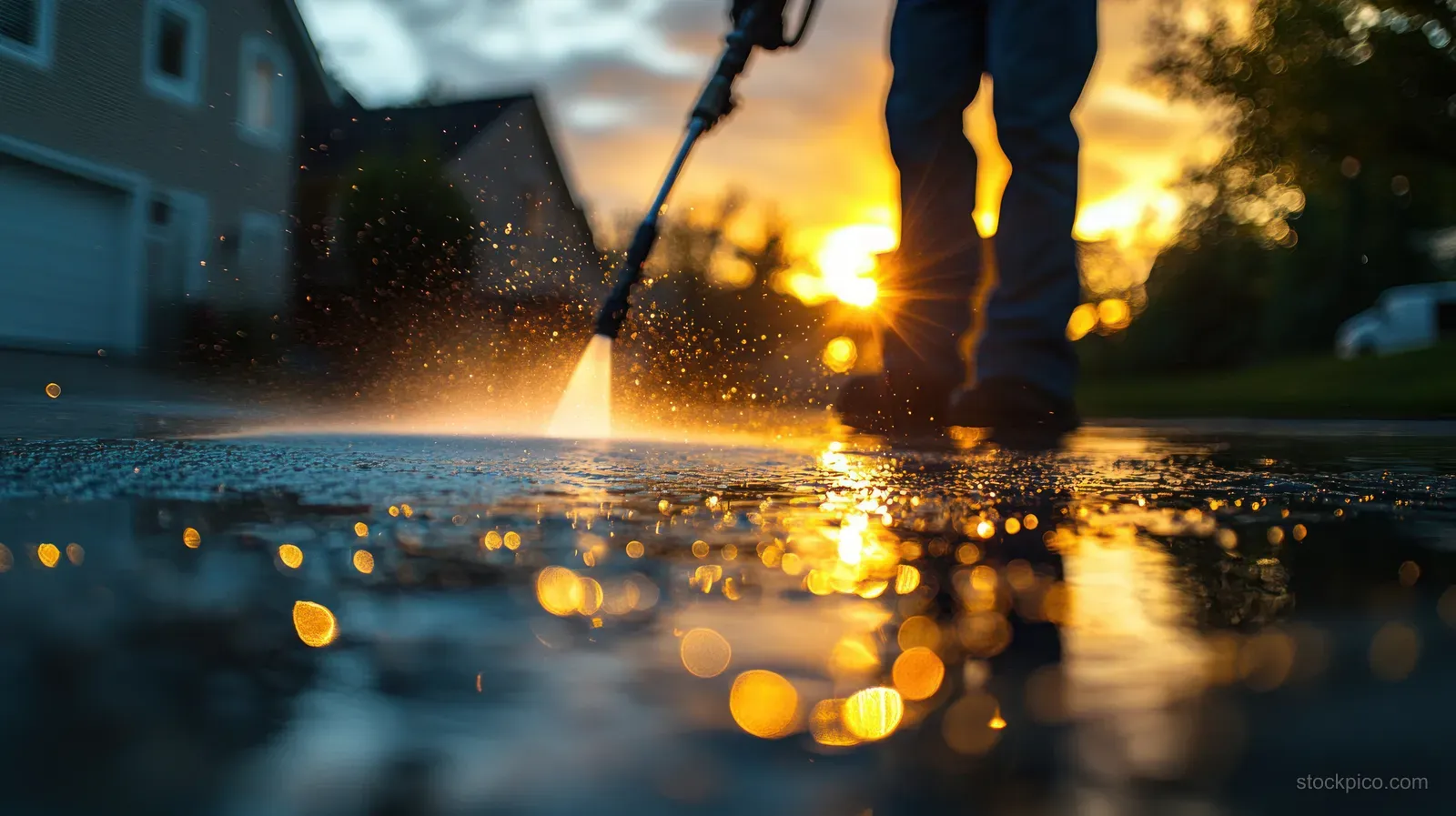 A person pressure-washes a driveway at sunset, spraying water that splashes and sparkles in warm golden light.