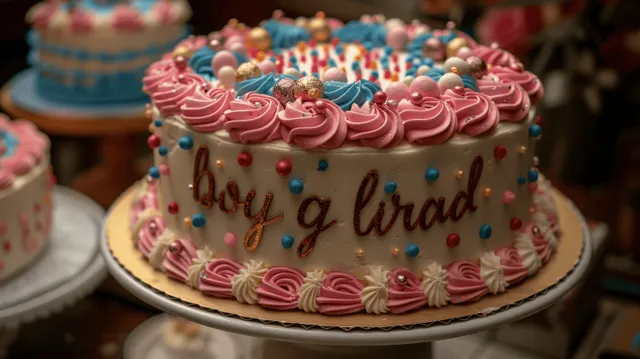 Gender reveal cake with gold boy or girl topper, pink and blue icing swirls with Sharp Focus On Cake