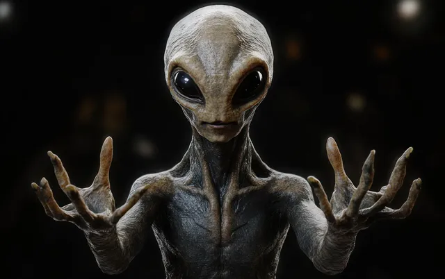 Gray alien sculpture with long fingers and outstretched hands, illuminated in dramatic light against a dark background.
