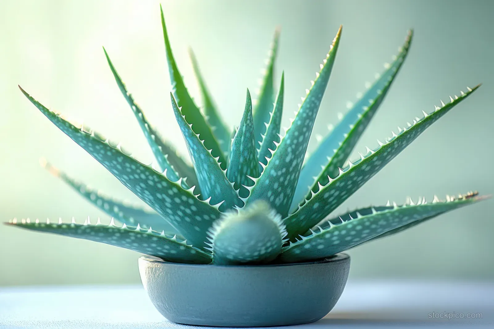 Spiky green succulent with white speckles sits in a small round gray pot on a blurred light background.