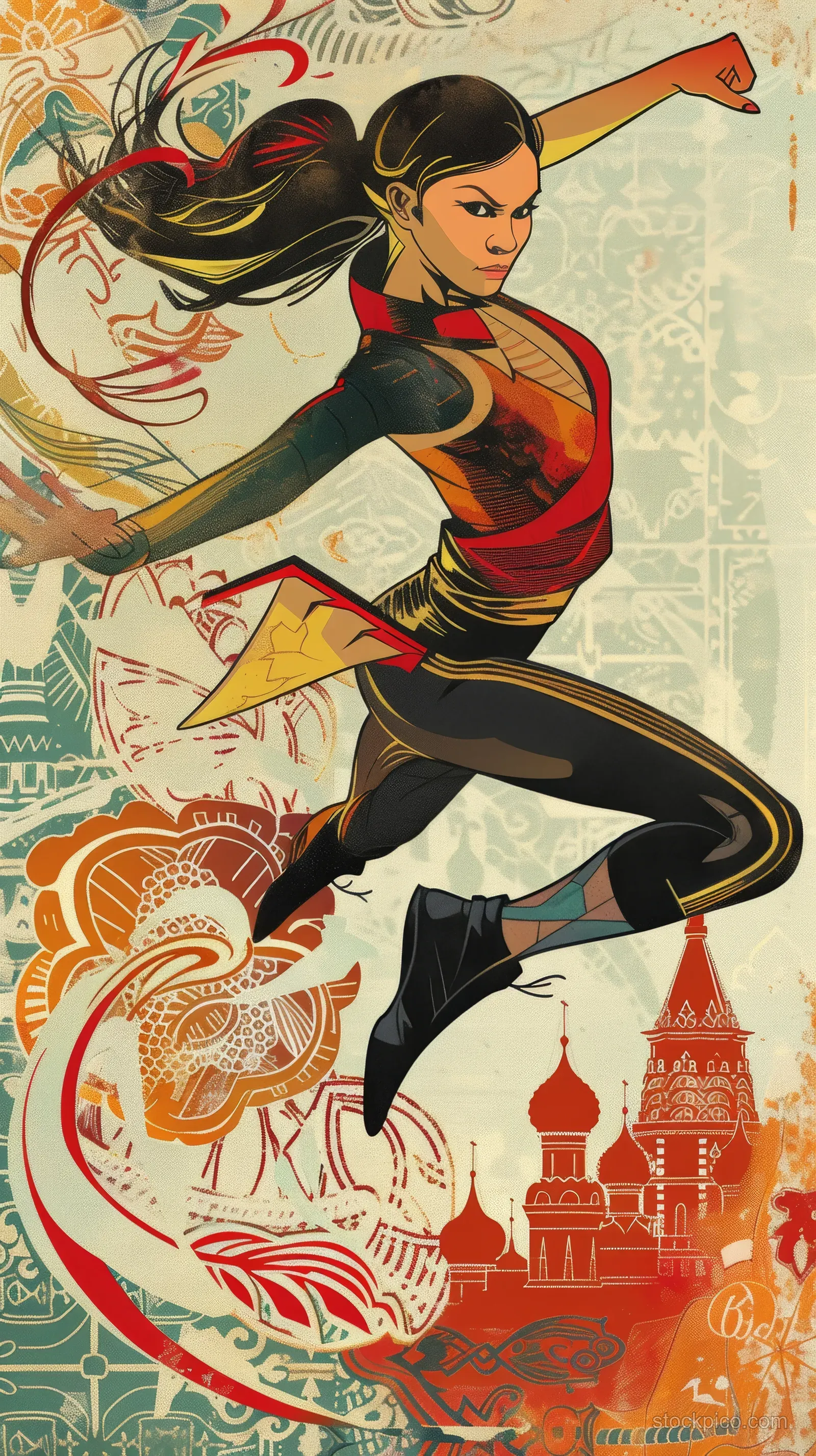 Illustrated female wrestler performing a freestyle move with ornate Russian motifs and city landmark shapes behind her.