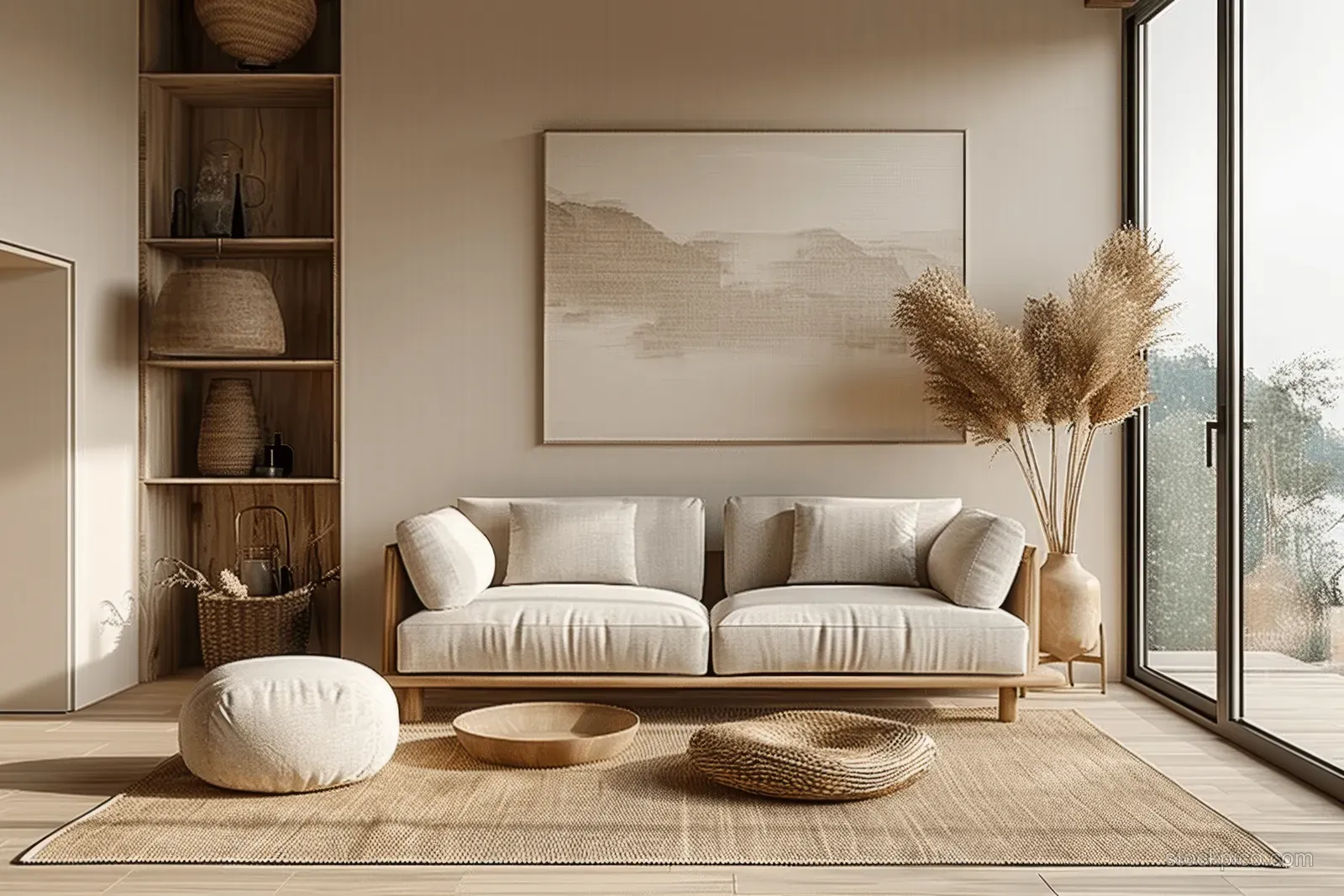 Beige minimalist living room with a white sofa, wood shelves, neutral decor, and daylight entering through a large window.