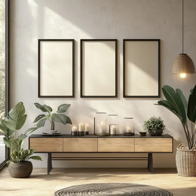 Scandinavian living room corner with a modern console table, three empty frames, candles, and potted plants.
