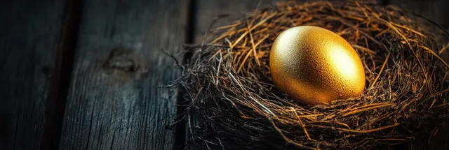 A golden egg sits in a straw nest on a rustic wooden table with dark, weathered texture.