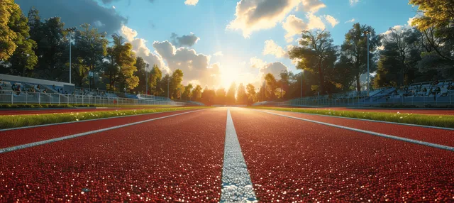 Red running track leads to a sunset with white lane lines and spectators in distant stadium stands.