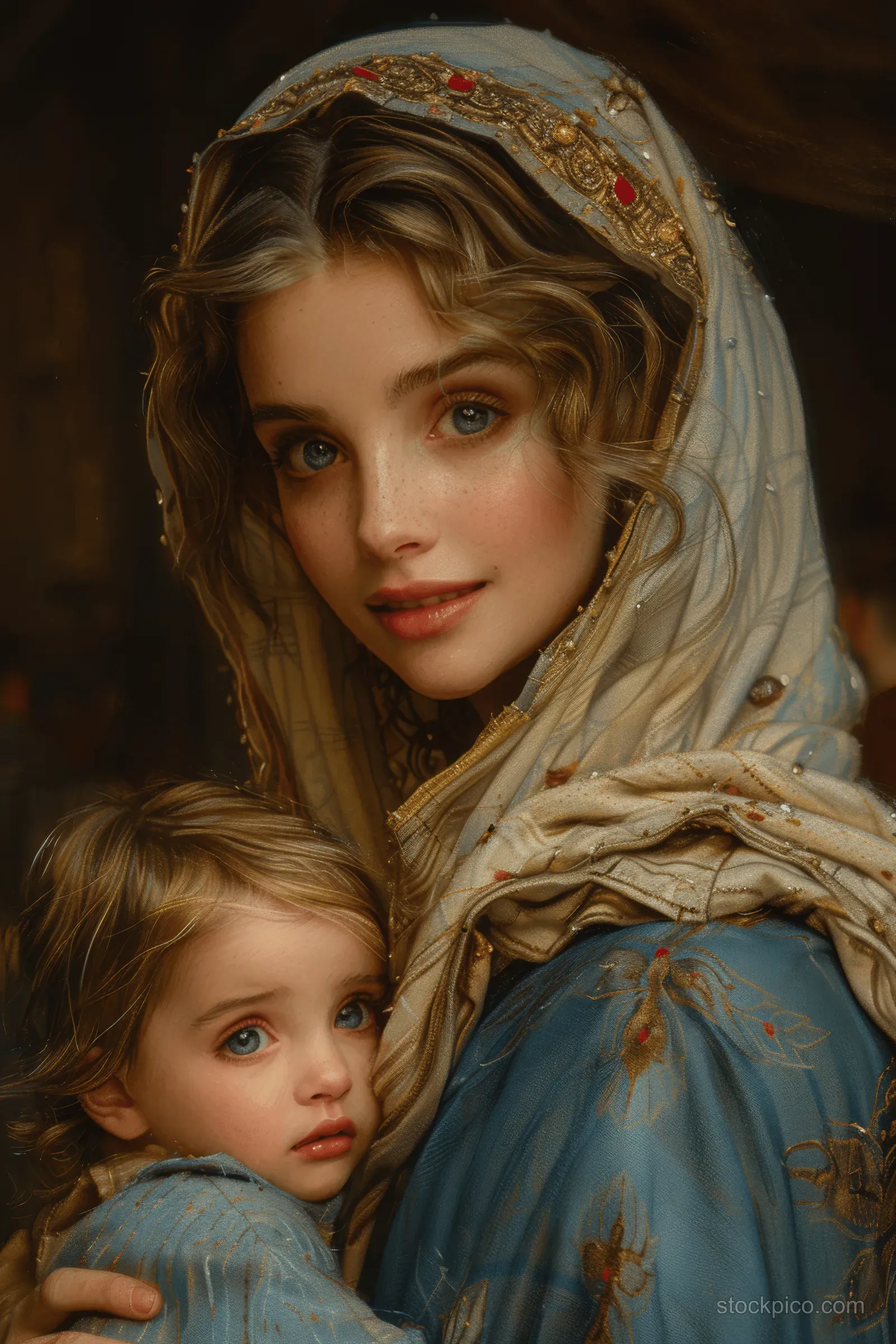 Virgin Mary cradles Baby Jesus in blue robes in a warm, softly lit oil painting scene.