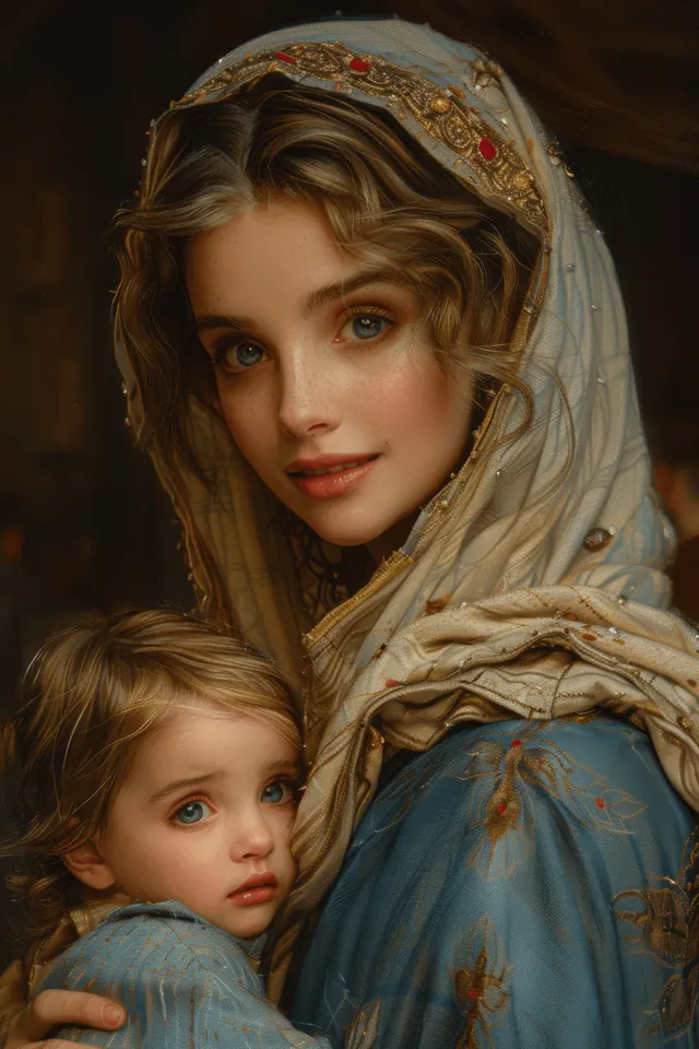 Virgin Mary cradling Baby Jesus in warm oil-paint style, intimate close-up