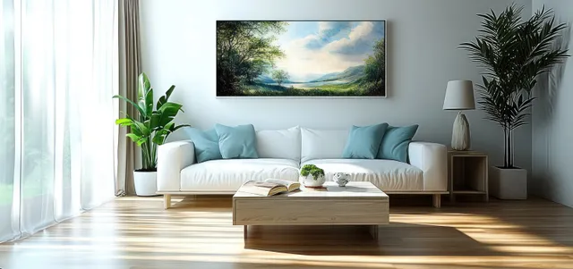 Minimalist living room with an aqua sofa, leafy plants, a landscape painting, and sheer-curtain daylight.